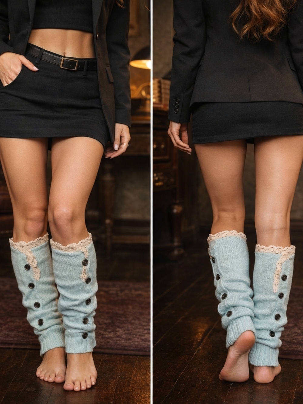 New Modern BOHO Leg Warmers Boot Cuffs Toppers Ivory & Aqua Junior Lace Buttons